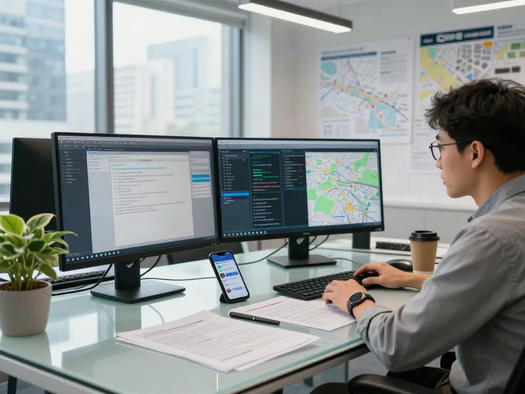 OSINT investigation in a modern office with multiple data screens and analytical tools.