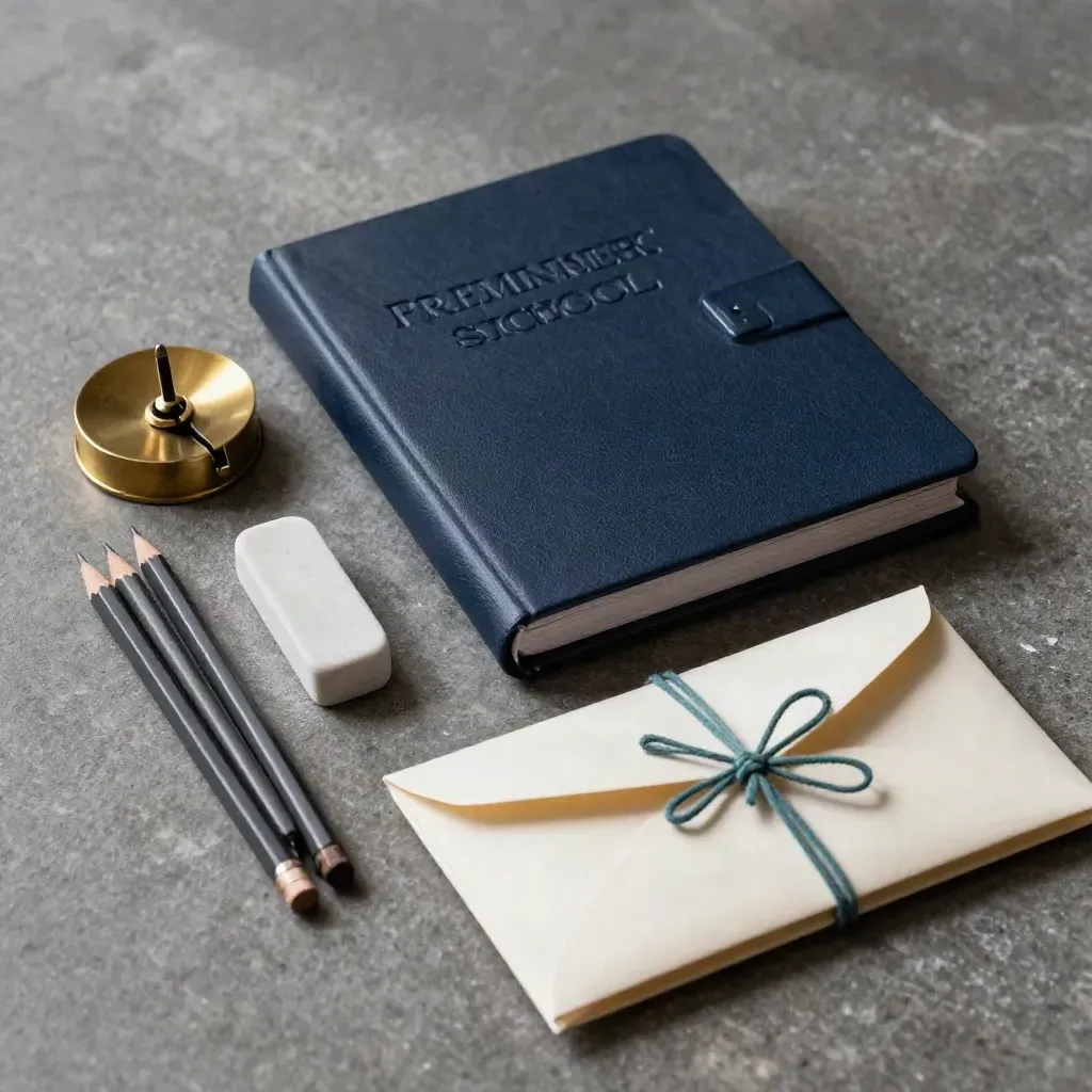 Admissions kit with register, brass paperweight, pencils, eraser and sealed envelopes on stone.