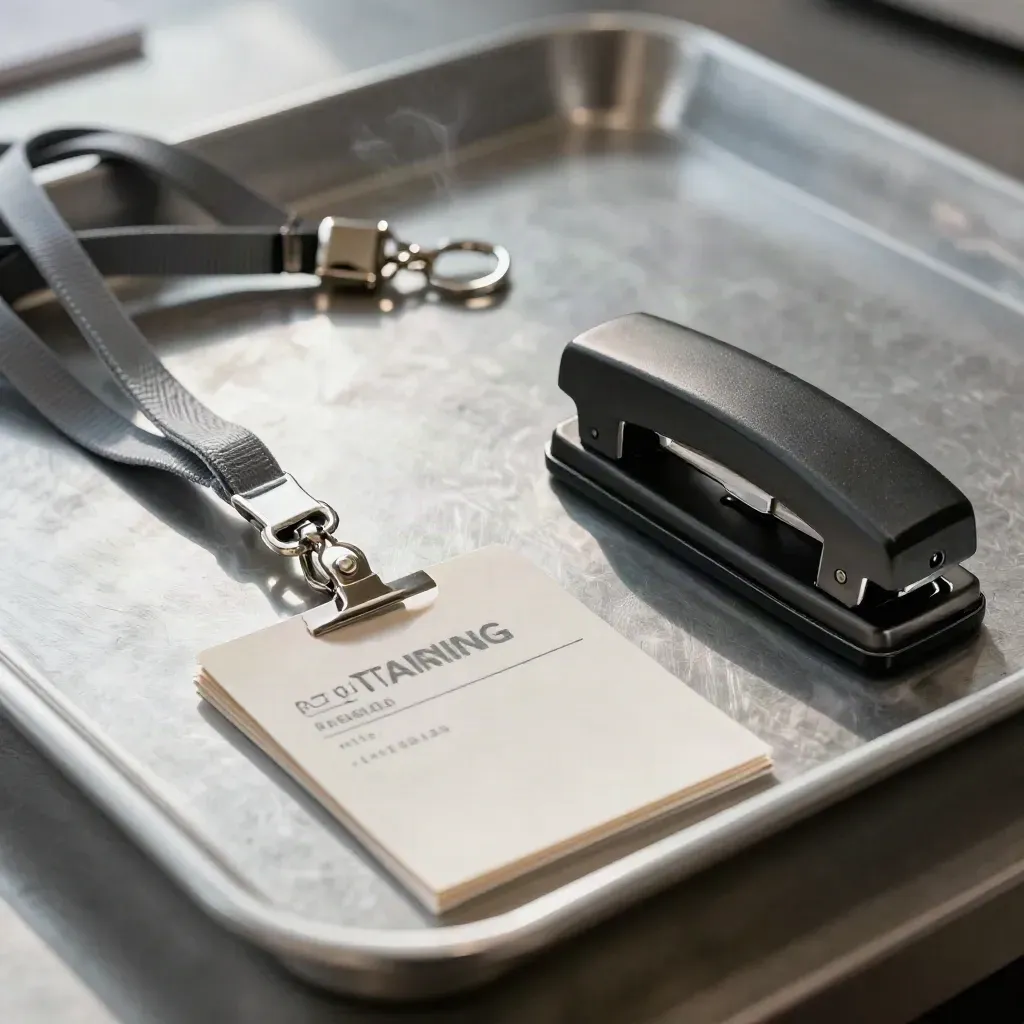Training workshop tools on brushed metal with lanyards, cards, hole punch, and badge reel