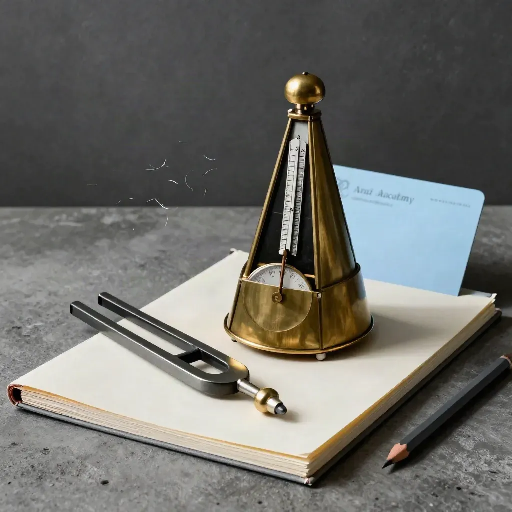 Brass metronome, tuning fork, score folder and pencil on dark concrete in dramatic side light