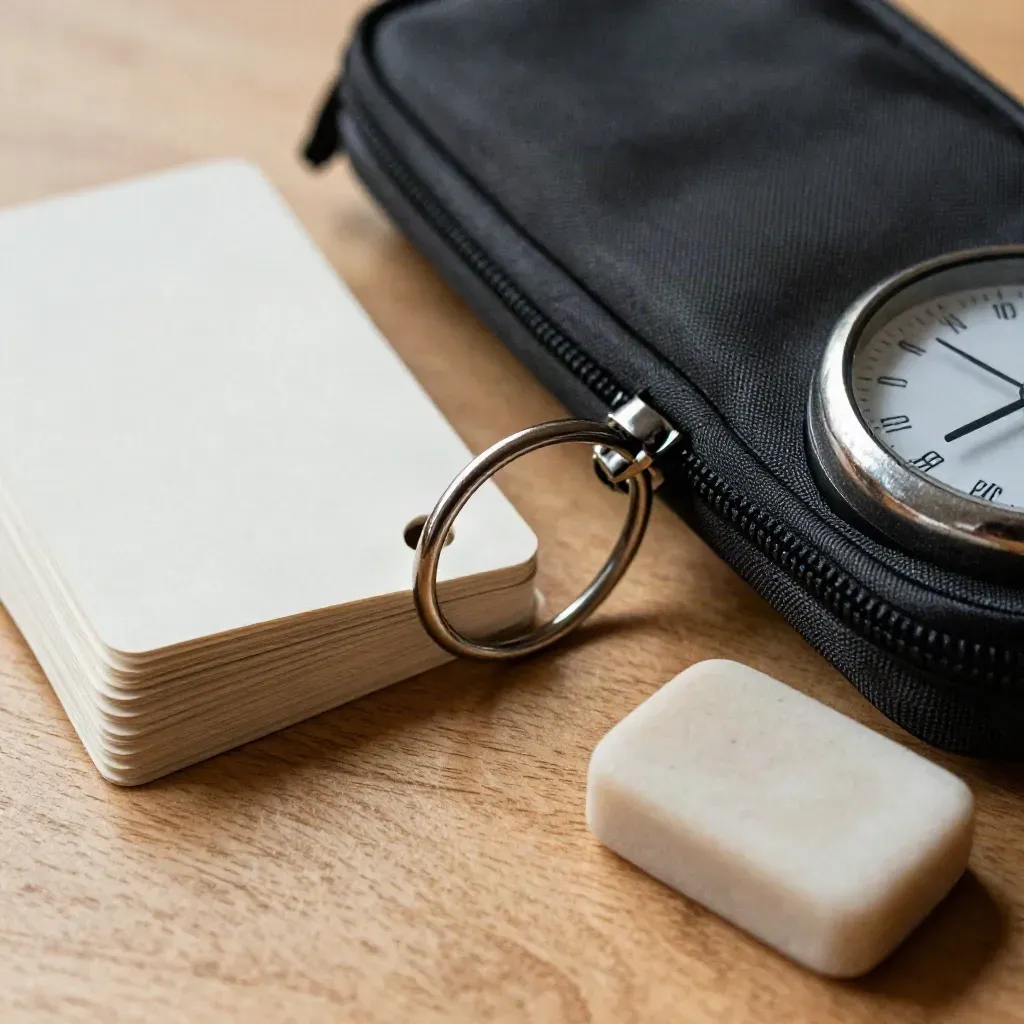 Home tutoring kit: flashcards, timer, pencil case and eraser on pale oak.