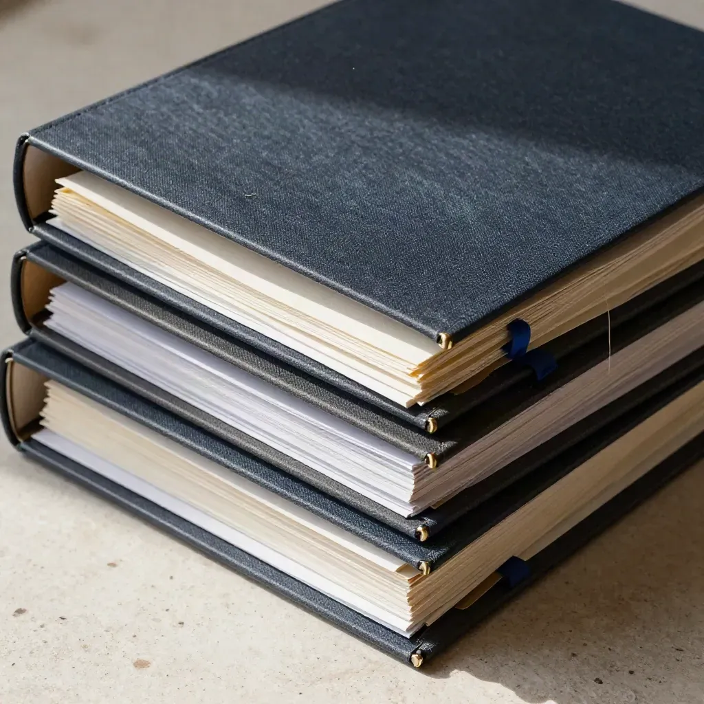 Overhead revision binders, tabs, brass clip and clipboard on pale stone