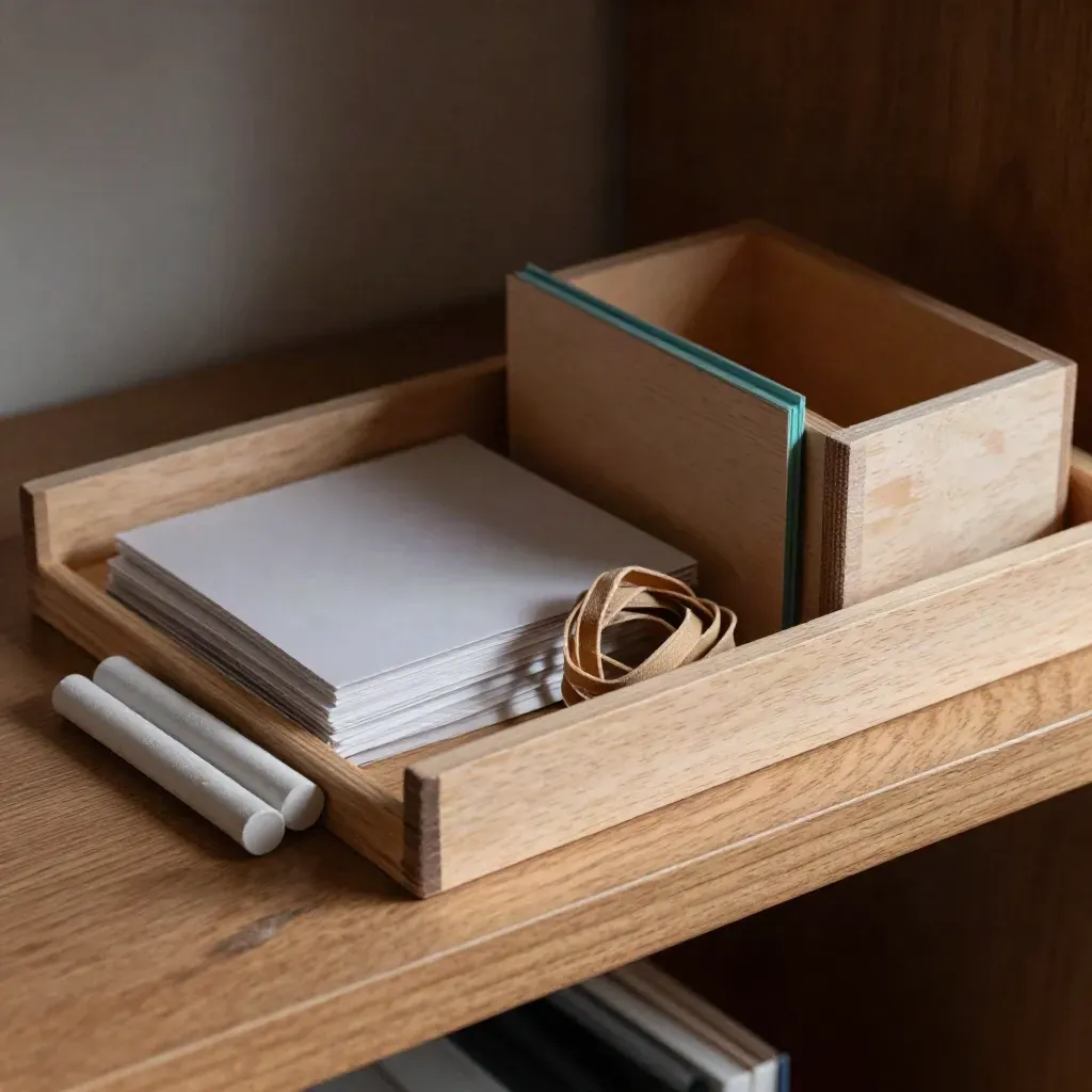 Dramatic still life of homeschooling supplies on a warm wood shelf with chalk, sleeves, box and dividers.