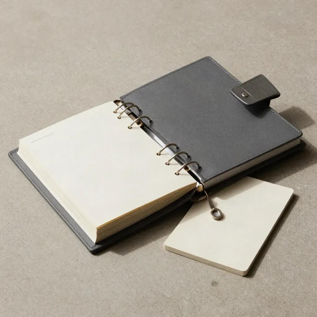 Course binder mid-assembly with tabs, blank cards and a steel clip on pale concrete.