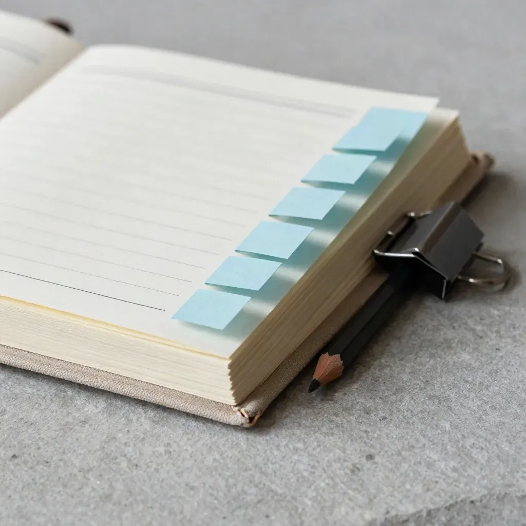 Macro of a linen lesson planner with tabs, pencil, sticky flags, and binder clip on stone.