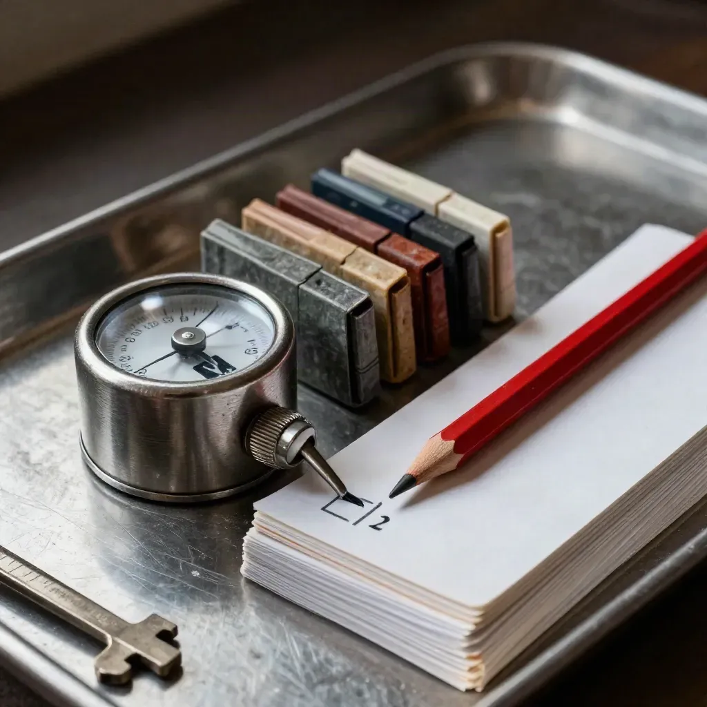 Assessment counter, colored markers, red pencil and stamped cards on brushed metal.