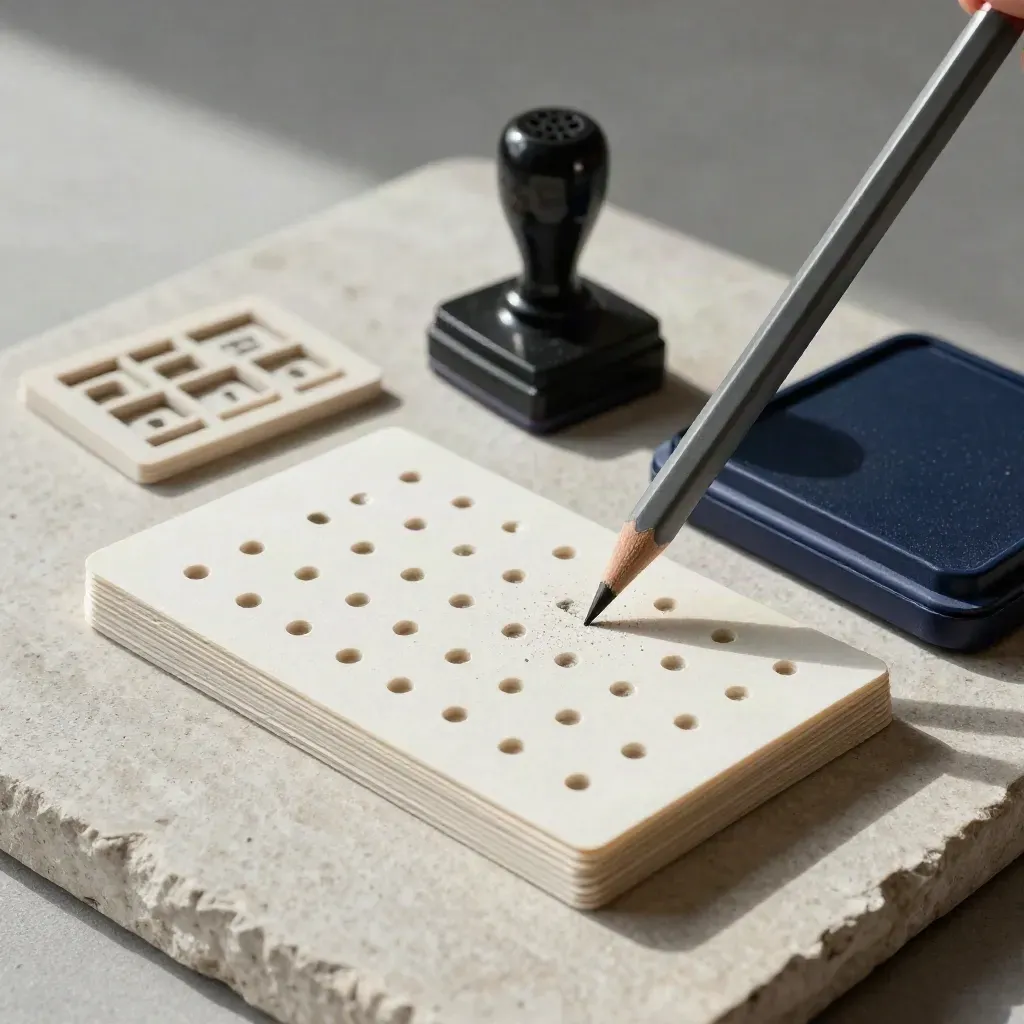 Quiz builder tools on pale stone: answer-card stack, stencil, stamp, pencil, and paper flecks.
