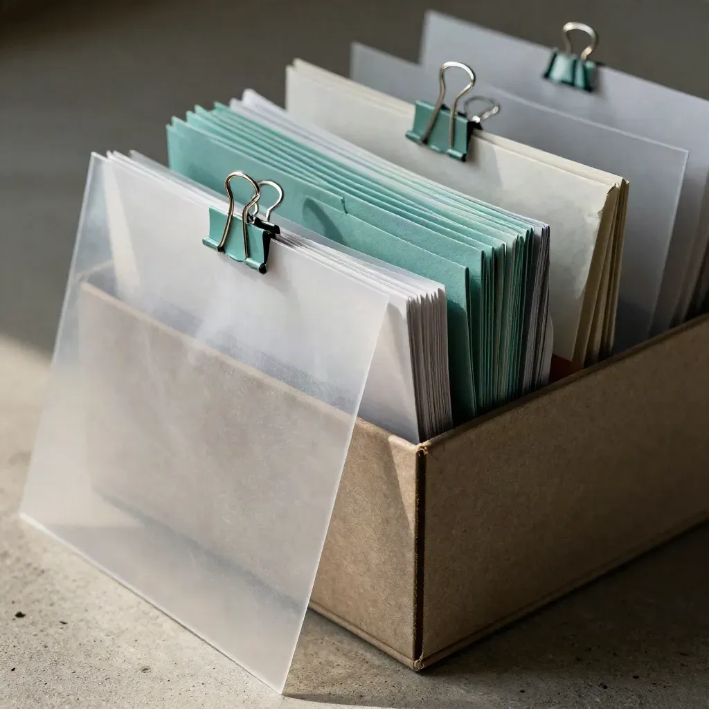 Archive boxes, sleeves, clips, tabs and envelopes arranged on warm concrete.