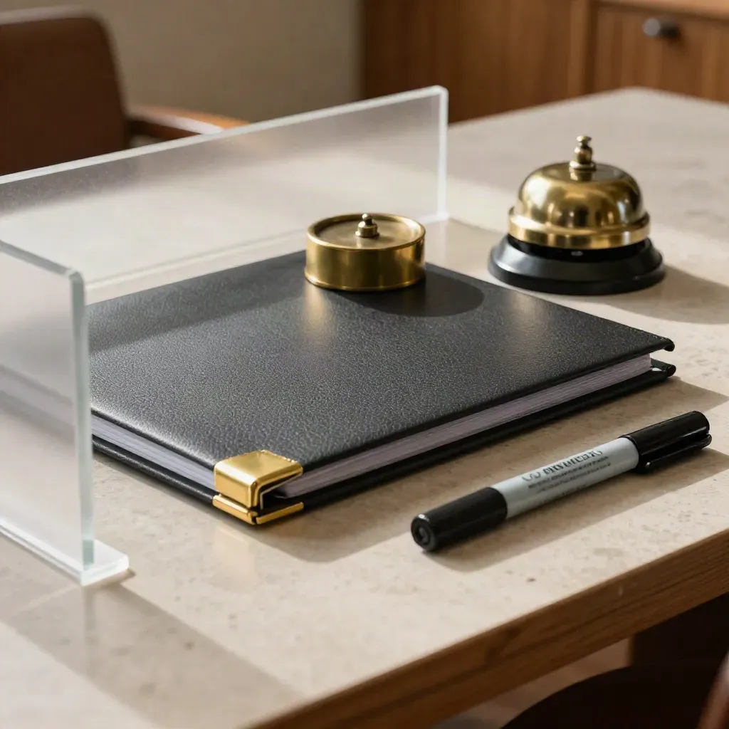 Macro still life of a school leaders meeting pack with folder, paperweight, bell, and marker.
