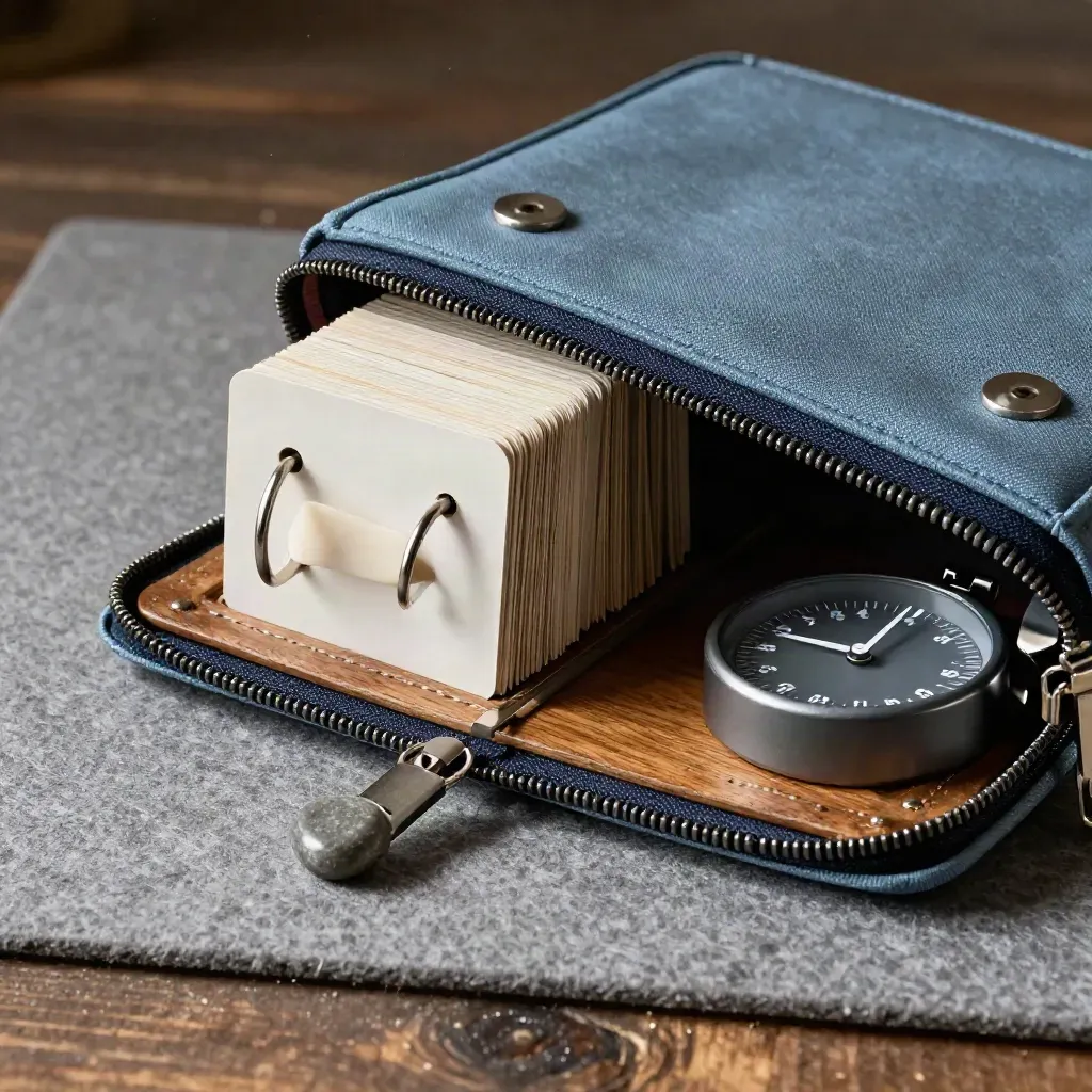 Tutor case with flashcard rings, eraser, counters and timer on worn wood, overhead close-up