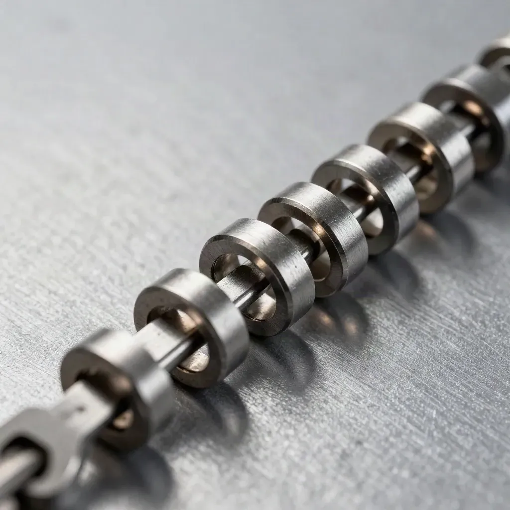 Top-down macro of linked steel rings, cable clip, and connector block on graphite metal.