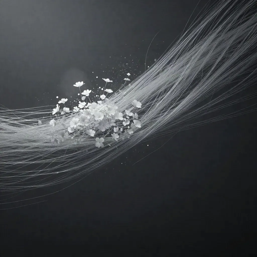 Silver light filaments converge into a soft bloom in graphite space, leaving calm lower space.