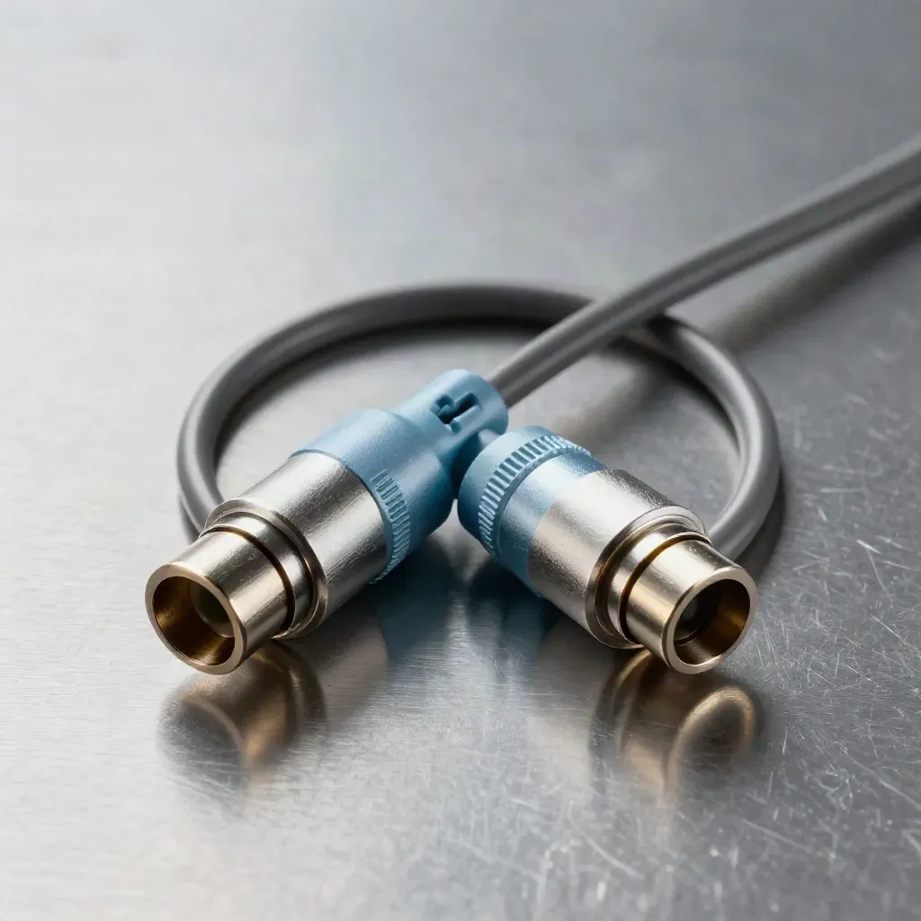Macro of paired precision connectors completing a cable loop on brushed metal with sky-blue accents.