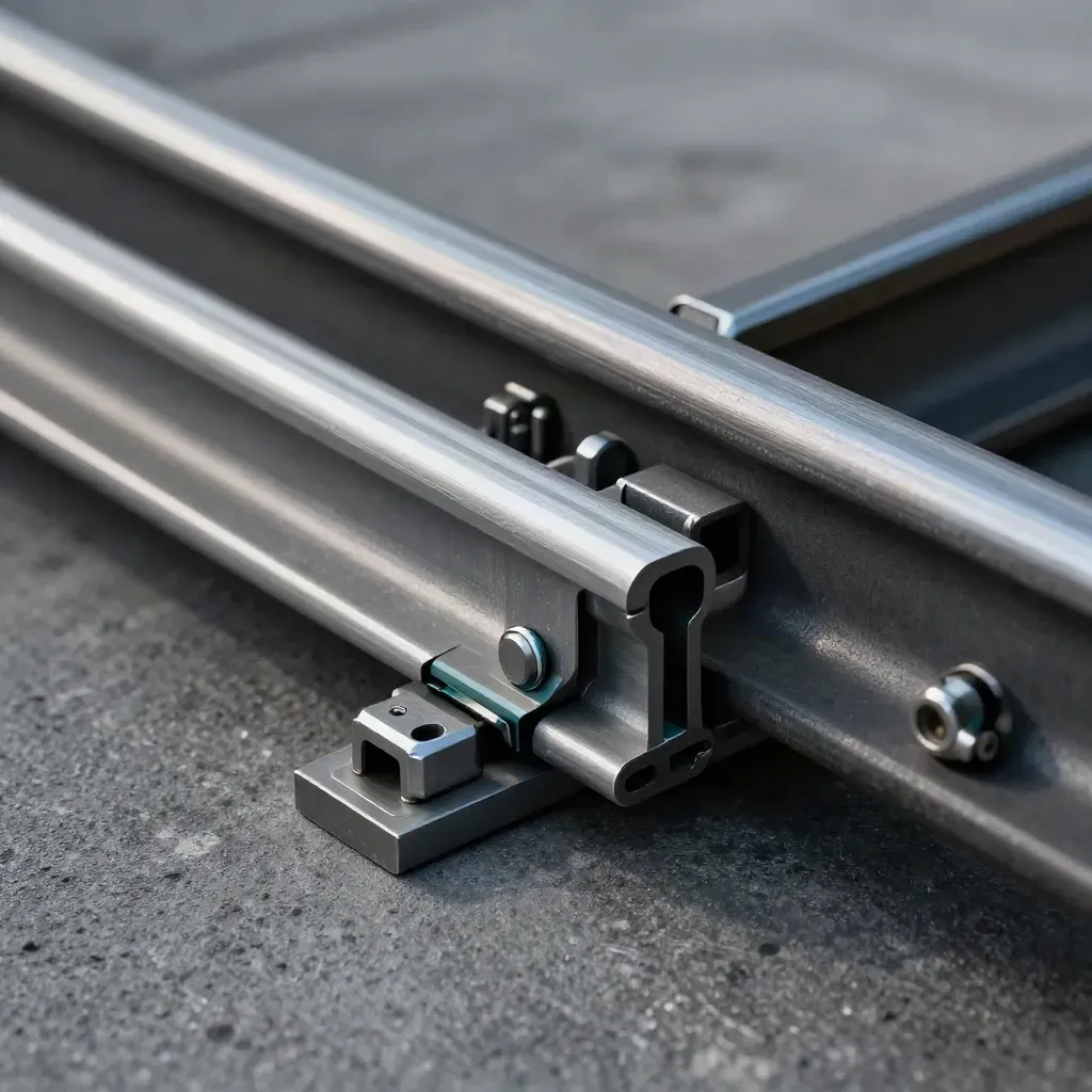 Aluminum rails and locking pins aligned on dark concrete with a subtle teal accent.