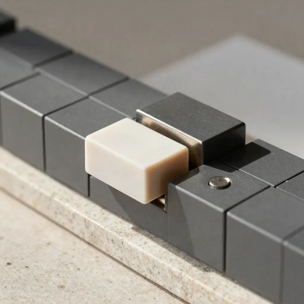 Extreme macro of stacked magnetic modular blocks and connector on pale stone.